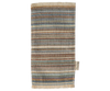 Introducing the Maileg Striped Rug, Medium: a textured, multicolored woven door mat adorned with horizontal stripes in hues of blue, brown, and beige. This charming small striped rug boasts tasseled edges and includes a small label on one side, perfect for adding character to entrances or even enhancing doll houses.