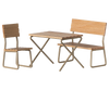 The Maileg Garden Table & Chair Set - Mouse Size is a charming three-piece wooden bistro ensemble featuring a square table, chair, and bench with slats and metal legs, perfect for transforming any outdoor area into a cozy nook. Ships in approximately one week.