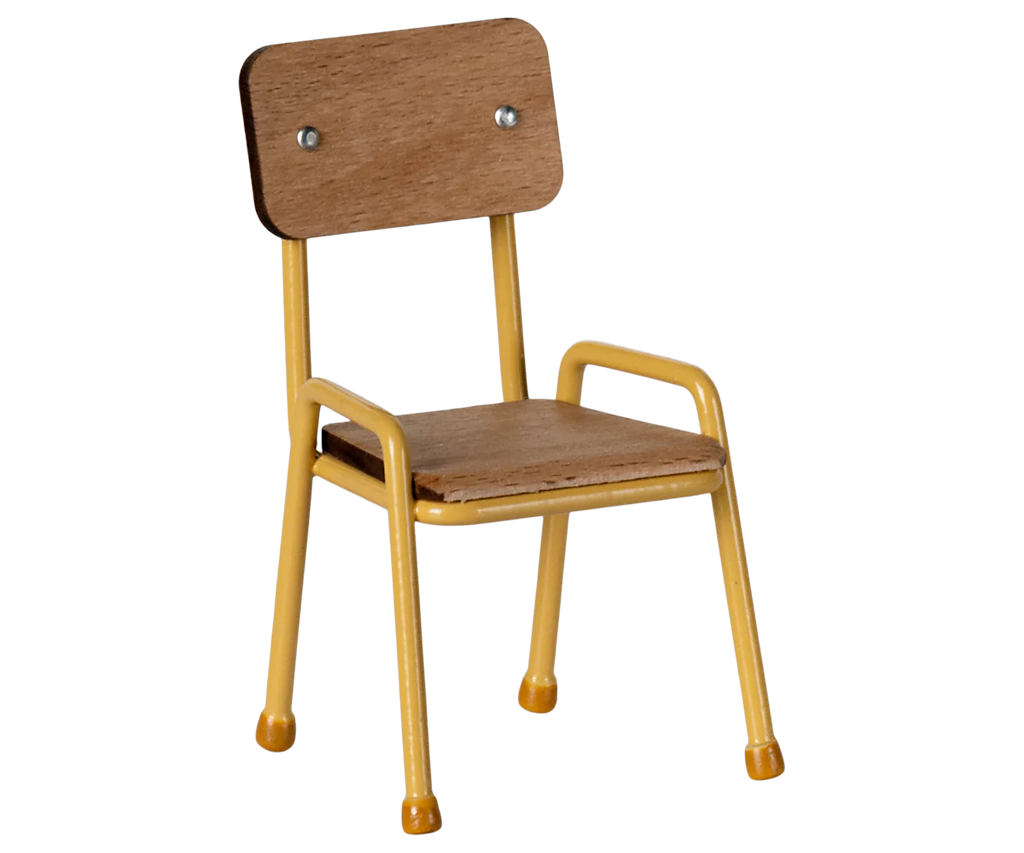 The Maileg Mouse Size School Chair - Yellow features a light brown wooden seat with hand-painted details, yellow metal legs, and rubber tips for stability, showcasing a minimalist modern design. Ships in approximately one week.