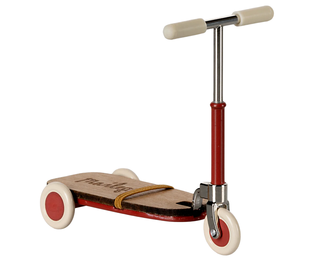 The Maileg Mouse Size Scooter / Kickboard features a vintage style with wooden details, a red metal frame, and cream-colored wheels and handle grips against a plain background. Ships in approximately one week.