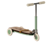 The Maileg Mouse Size Scooter/Kickboard showcases a three-wheeled design with a wooden deck and mint handlebars. Its white wheels enhance the sleek, minimalist look, complemented by elegant wooden details. Ships in approximately one week.