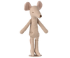 The Maileg Mouse Stand, Medium - Sand features a beige fabric mouse with large pink inner ears and stitched details, standing upright—perfect for displaying your collection or adding charm to your mouse house.