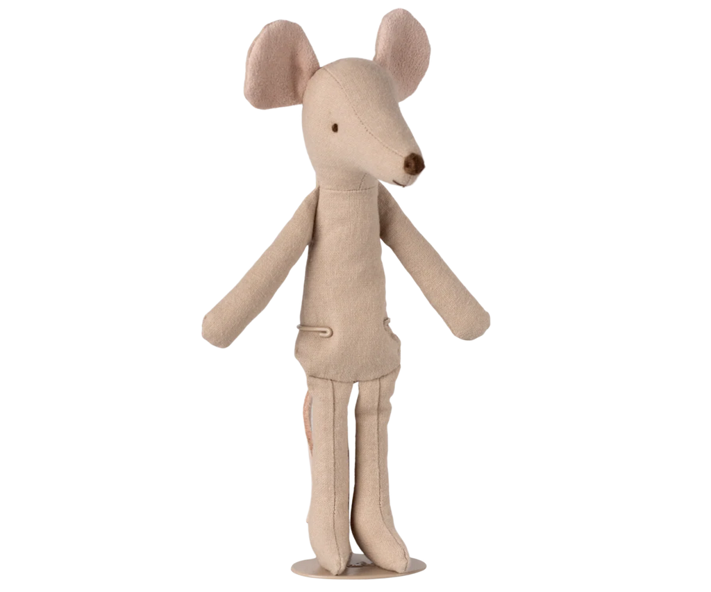 The Maileg Mouse Stand, Medium - Sand features a beige fabric mouse with large pink inner ears and stitched details, standing upright—perfect for displaying your collection or adding charm to your mouse house.