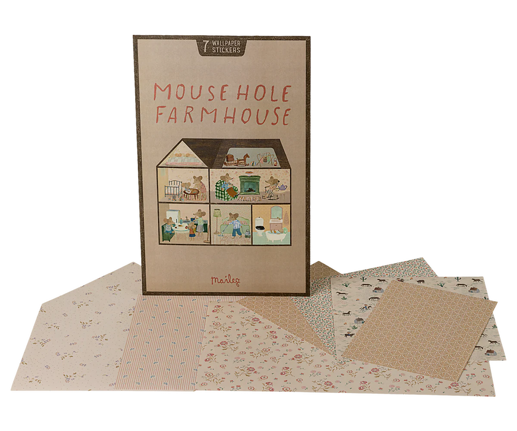 A set of patterned paper sheets and the Maileg Wallpaper, Mouse Hole Farmhouse sticker pack are displayed, featuring farmhouse-themed rooms, mice, and 7 stickers ideal for room decor or farmhouse wall accents.