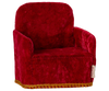 The PRE-ORDER: Maileg Soft Chair - Red, with plush velvety texture and gold trim, adds comfort and style to a cozy Mouse hole Farmhouse. Ideal for Maileg friends, it ships in late February.