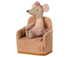 A light gray mouse in a polka dot top, pink tutu, and floral headband from the Maileg friends collection sits on the Maileg Soft Chair - Powder (ships late February), a small, soft light brown armchair adorned with gold fringe.