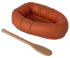 The Maileg Rubber Boat is an orange fabric toy raft with yellow bands and a small wooden paddle, shown on a white background.