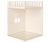 The Maileg Bonus Room Bathroom Set features a cream-colored dollhouse room with a checkered floor, window with lace curtain, and an open loft area—ideal for displaying your favorite miniature accessories.