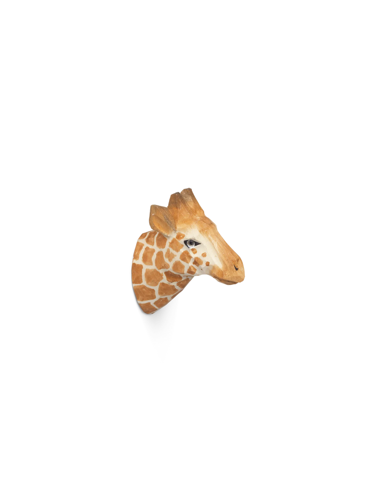 Illustration of a giraffe's head, specifically incorporated into a set of horizontal stripes that appear as a motion blur, transitioning from rich browns to beige against a light background on the Hand Carved Animal Wall Hook.