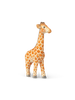 This image shows a Hand Carved Wooden Giraffe with bright orange and brown spots, standing against a background with horizontal pastel stripes, ideal for kids’ bedroom decor. The giraffe casts a small shadow on the