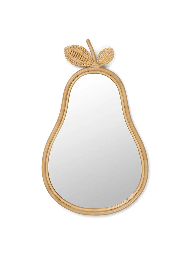 A Ferm Living Pear Mirror designed in the shape of a pear, featuring a bamboo rattan frame with a visible grain and a small wooden leaf accent at the top, set against a black background with subtle horizontal lines.