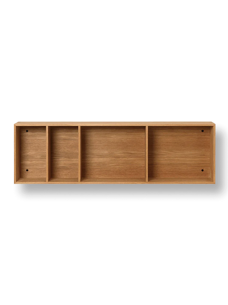 A Ferm Living Bon Shelf - Oiled Oak with four compartments, two with sliding doors, crafted from oiled oak, against a black background.