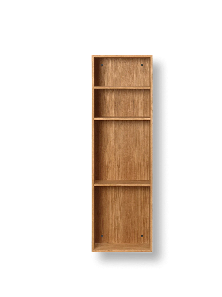 A tall Ferm Living Bon Shelf - Oiled Oak with five shelves, standing against a solid black background. The empty shelves display the natural grain of the wood.
