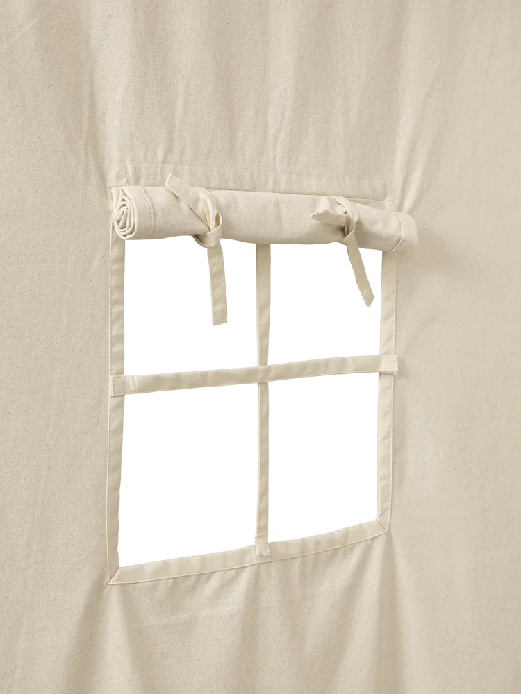 A minimalist artistic representation of a window with black squares against a Ferm Living Settle Bed Canopy - Off-White certified organic cotton canvas background, suggesting the idea of looking out but seeing darkness.