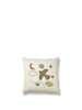 The Ferm Living Naïve Cushion - Bird is a square, cream-colored kids cushion made from organic cotton, featuring hand-embroidered designs of a brown bird, moon, clouds, stars, and abstract shapes on a plain white background.