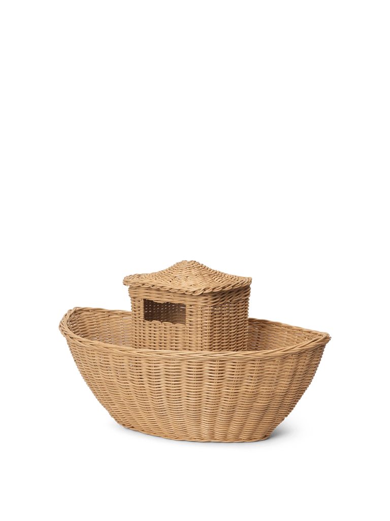 A Braided Ark model with a cabin, crafted from braided rattan, displayed against a solid black background.