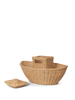 Three stacked Braided Arks of various sizes with a solitary small square basket beside them, all set against a black background.
