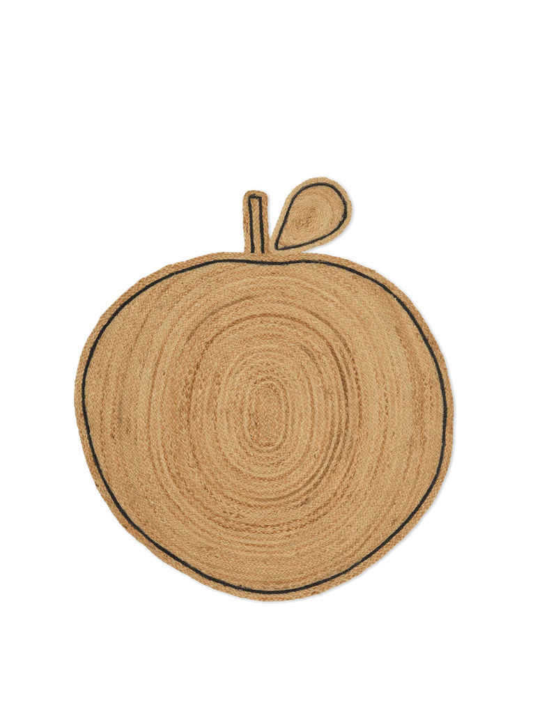 Illustration of a whimsical Ferm Living Apple Braided Jute Rug shape cross-section resembling a tree trunk, with concentric circle patterns like wood rings, displayed on a black background.
