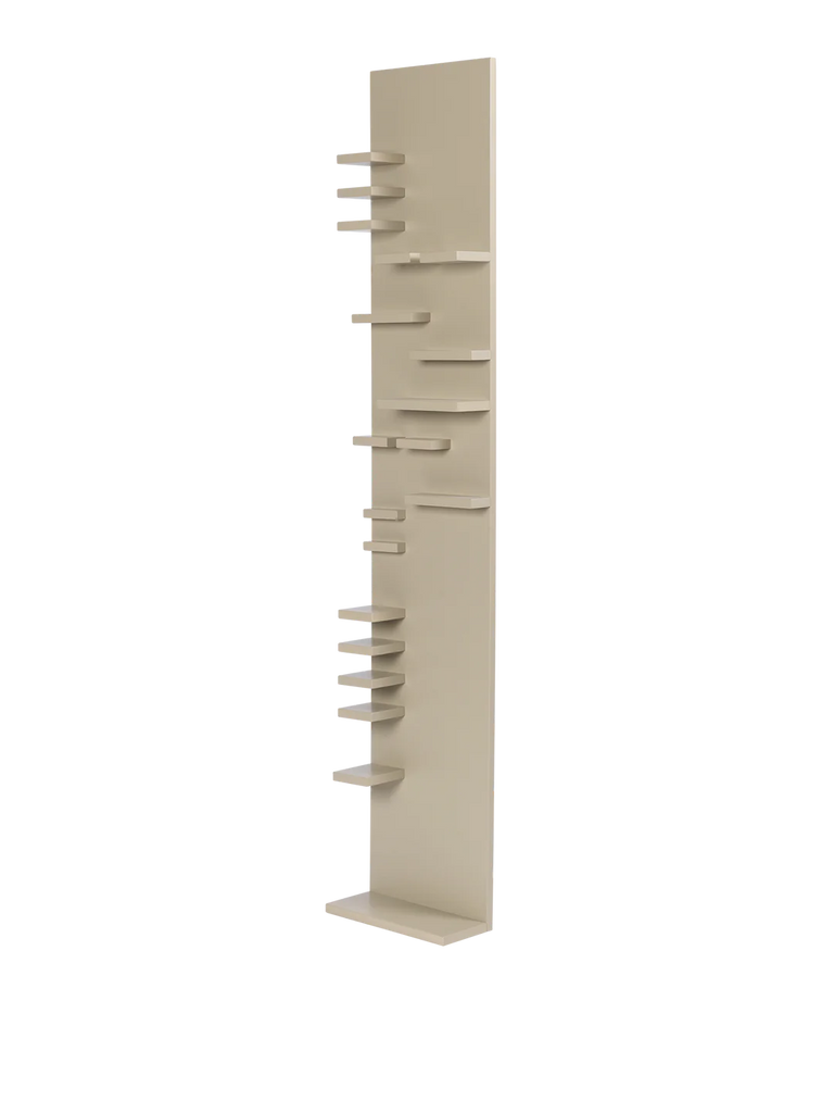 A Ferm Living Parade Shelf - Cashmere with multiple slots, against a light background, designed to neatly arrange and hold various cables to prevent tangling. It is crafted from FSC™ certified MDF.