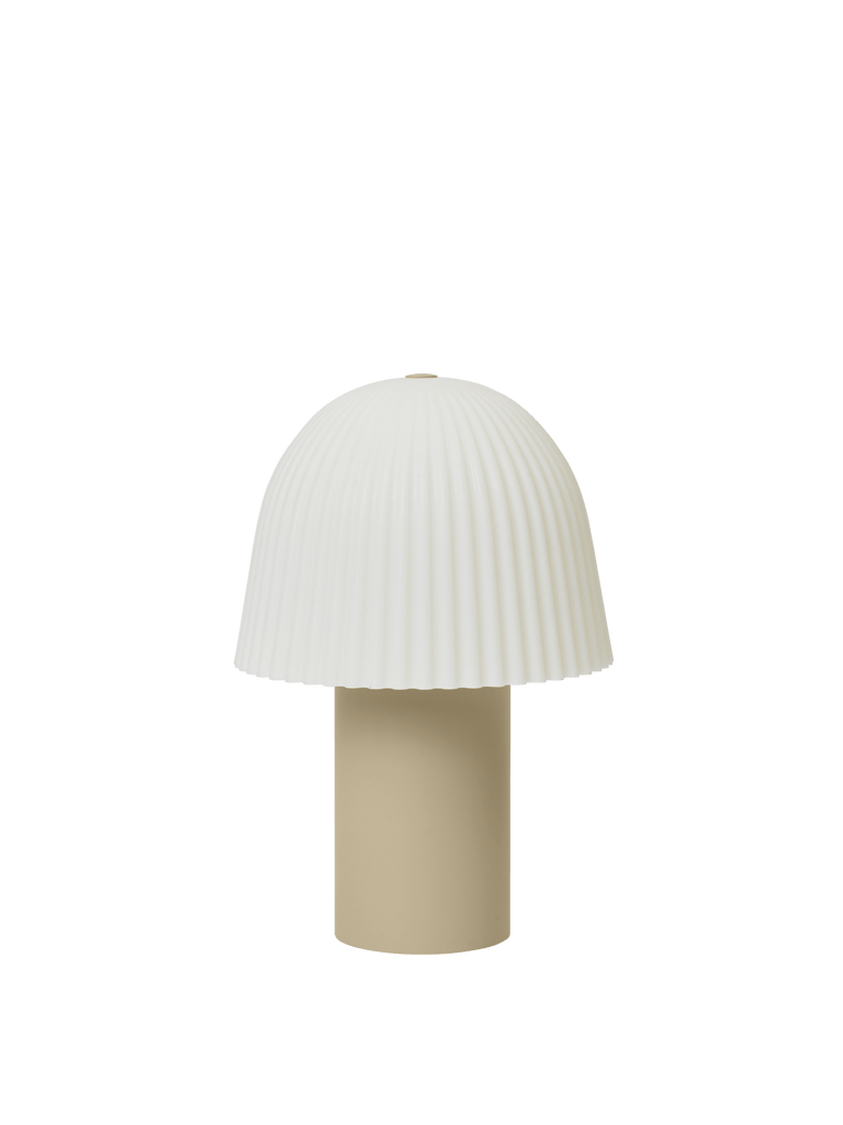 The Ferm Living Frill Portable Lamp in Cashmere/White features a dimmable LED and a large white pleated dome shade over a cylindrical beige base, perfect for brightening any kids' room.