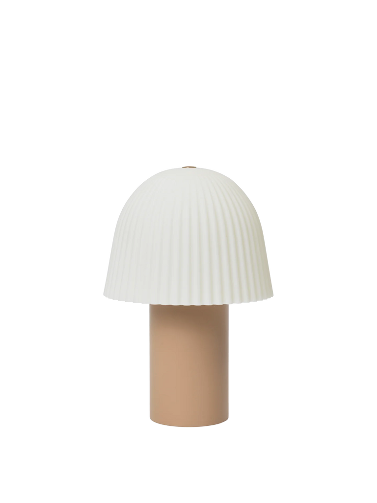 The Ferm Living Frill Portable Lamp features a beige cylindrical base and a large white ribbed dome shade, making it a stylish and modern addition to any kids room.