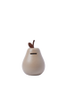 The Ferm Living Pear Money Bank is a ceramic, pear-shaped coin bank with a leaf and stem detail, ideal for kids' room decor. Features a front coin slot and comes in a minimalist design set against a white background.