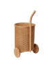 The Ferm Living Tukki Trolley - Natural features a tall curved handle and two large wooden wheels, serving as a stylish kids storage basket or toy storage, shown against a plain white background.