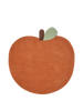 The Ferm Living Apple Tufted Rug - Brown Clay is shaped like an apple with a brown stem and green leaf, made from soft New Zealand wool—perfect as a playful kids' playroom rug against a white background.