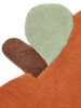 The Ferm Living Apple Tufted Rug - Brown Clay is a textured New Zealand wool rug with an abstract rust-orange shape, a small green oval, and a brown oval—ideal for brightening up any kids' playroom.