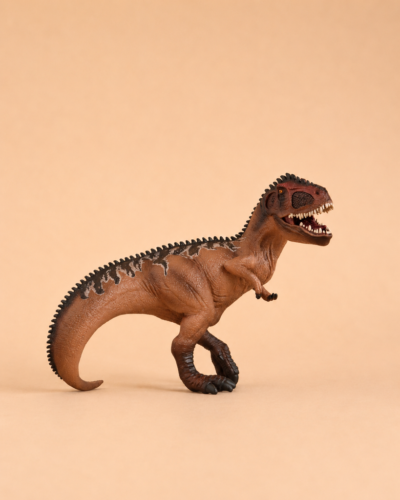 A brown plastic Schleich Giganotosaurus Large Dinosaur Toy with a movable jaw stands with its mouth open, displaying sharp teeth, against a plain beige background. This detailed model captures the fierce appearance of a classic dinosaur collectible and reflects the high quality of Schleich toys.