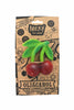 The Mery the Cherry Teether is a natural rubber baby toy shaped like two red cherries with green stems and leaves, attached to cardboard packaging labeled "Mery the Cherry" and "Oli & Carol Fruits & Veggies." Safe for teething.