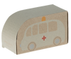 The Maileg Wooden Ambulance is an emergency vehicle toy crafted from solid wood, featuring a minimalist design with a red cross and illustrated wheels. Its curved top resembles an ambulance roof, and it includes a fun pull-back function for interactive play.