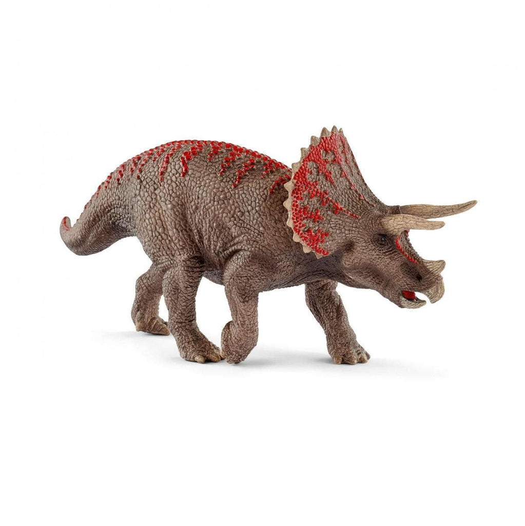 The Schleich Triceratops Dinosaur Toy features a realistic depiction of a triceratops with brown textured skin and striking red markings on its back and frill, making this educational figurine an ideal choice for collectors and dinosaur enthusiasts.