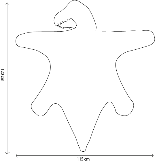 A simple black outline of an abstract, star-shaped figure with five uneven arms and a jagged open mouth, reminiscent of the Costume - T-Rex Dino. Dimensions: 120 cm tall and 115 cm wide.