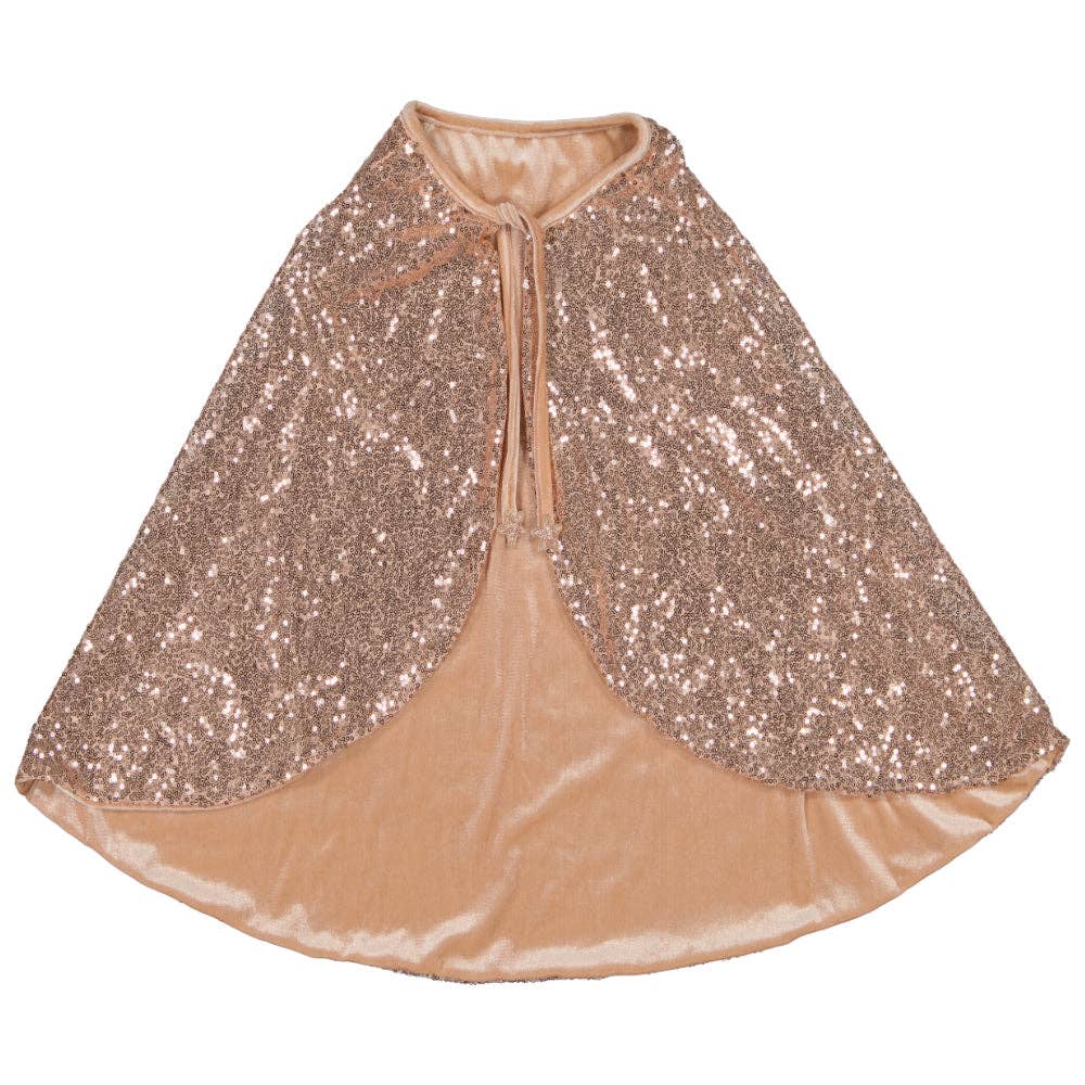 A magical cape in pink, glittery fabric with a tie at the neck, featuring shiny sequins on the top layer and smooth, light pink fabric on the bottom half. Product name: Cape - Pink sequins.