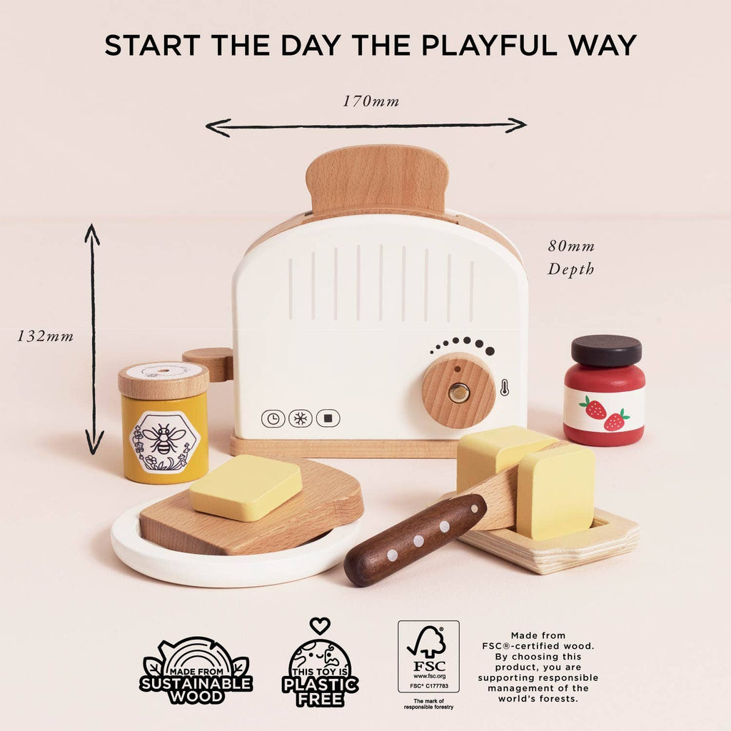 The Pop-up Toaster & Breakfast Set (ships in one week) includes FSC-certified wood toast, butter, jam, honey, knife, and plate. “Start the Day the Playful Way”—eco-friendly and perfect for pretend play. Dimensions shown on a light background.
