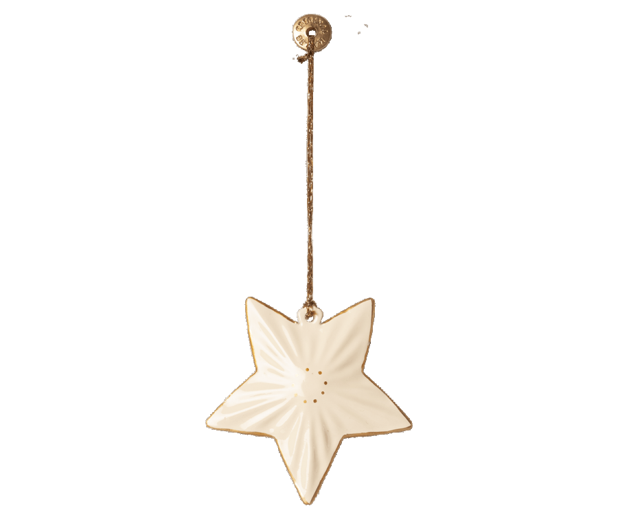 The Maileg Christmas Metal Ornament - Star features a hand-painted, white star-shaped design with a textured surface, suspended by a thin string attached to a small circular metal piece. It's perfect for adding charm to your Christmas tree and blends seamlessly with your collection of metal ornaments.