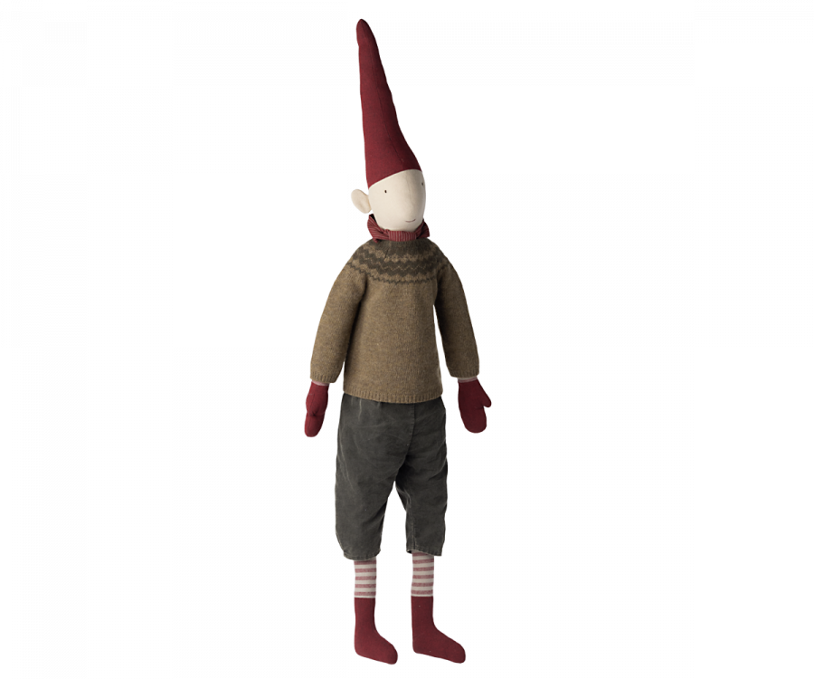 A Maileg Christmas Mega Pixy - (Size 6) with a red pointed hat, white face, brown sweater, grey pants, and striped socks, standing isolated against a plain background as a Christmas decoration.