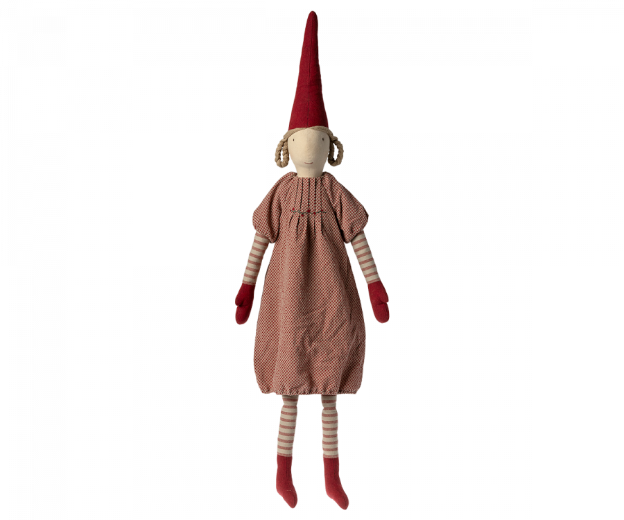 Maileg Christmas Mega Pixy - (Size 6) with a long, red pointed hat, striped legs, and a burgundy dress, displayed against a black background. This Maileg Christmas Mega Pixy - (Size 6) is perfect as a unique Christmas decoration.