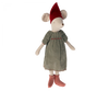 A Maileg Medium Christmas Mouse - Girl plush toy wearing a green and brown checkered dress, striped red and white socks, and a red hat, isolated on a plain background.