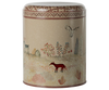 From the Winter Wonderland Collection, the Maileg Metal Box, 2 Piece Set features a decorative cylindrical tin that captures a whimsical woodland scene with a red fox, deer, and owl among trees on a dotted beige background. Ideal for storing Christmas sweets, it includes a lid with a patterned red and white border along the top edge.