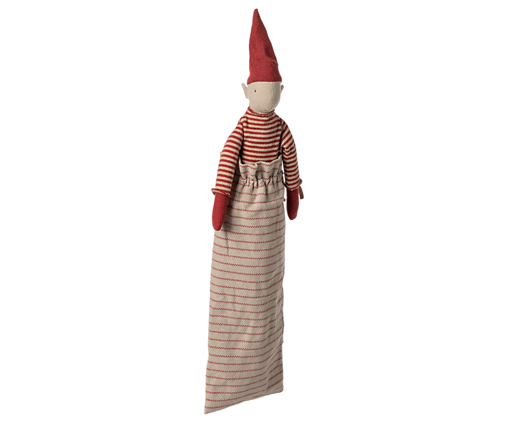 Introducing the Maileg Long Legged Pixy, Large: a handcrafted cloth doll adorned in a red and white striped top, with red mittens and a beige apron. This doll also features a pointed red hat reminiscent of a pixie and has a simple, minimalist facial expression that captures the whimsical essence of folklore.