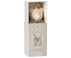 An off white and blue Maileg metal teddy bear ornament featuring handpainted details and a bow, presented in a decorative box adorned with a charming illustration of a teddy bear wearing a scarf. The text on the box reads, "Teddy Bear Metal Ornament.