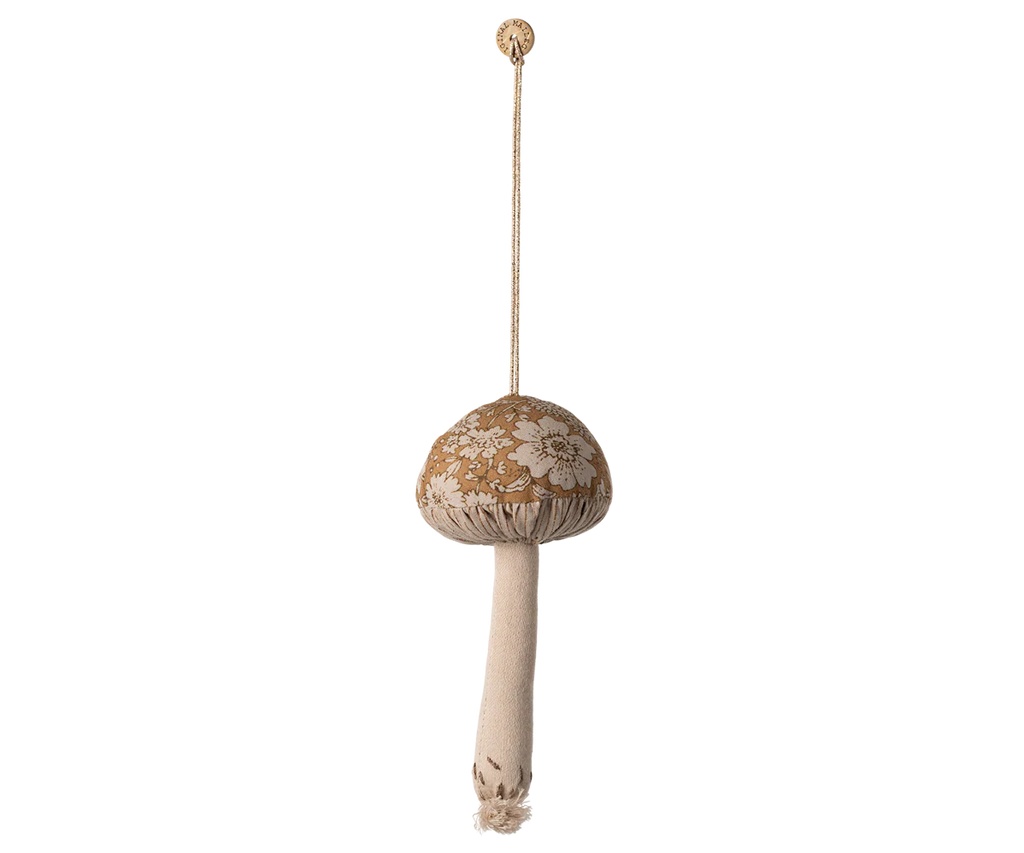 The Maileg Fabric Ornament, Mushroom - Blossom - Ocher features a beige stem and brown cap with white floral embroidery, making it a charming embroidered decoration perfect for your Christmas tree.