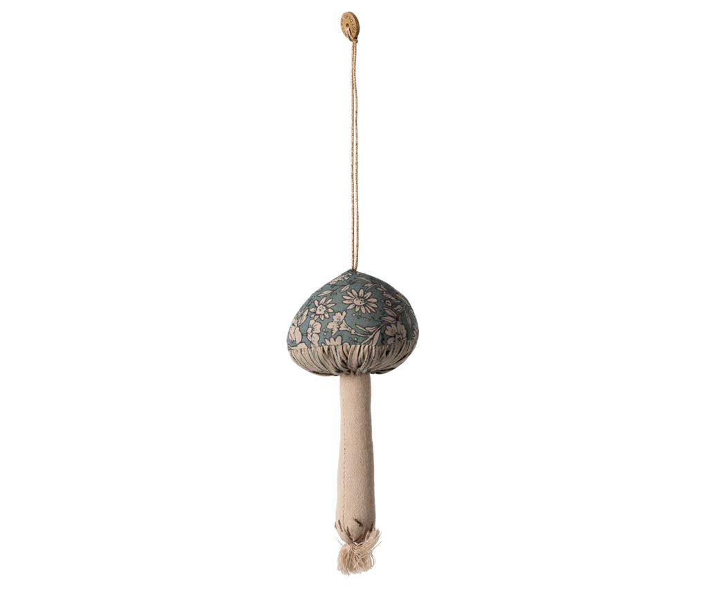 The Maileg Fabric Ornament, Mushroom - Blossom - Green features a green cap with embroidered flowers and leaves, a beige stem, and a hanging loop—perfect for unique Maileg or whimsical Christmas tree decorations.