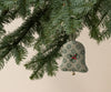 The Maileg Fabric Ornament - Bell, Small features a green and white pattern, red embroidery, and a gold bell—perfect for adding charm to your Christmas tree decorations.