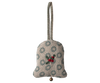 The Maileg Fabric Ornament - Bell, Small is a festive ornament with green and red embroidery, a braided loop, and a gold bell—a charming choice for lovers of embroidered or unique Christmas tree decorations.