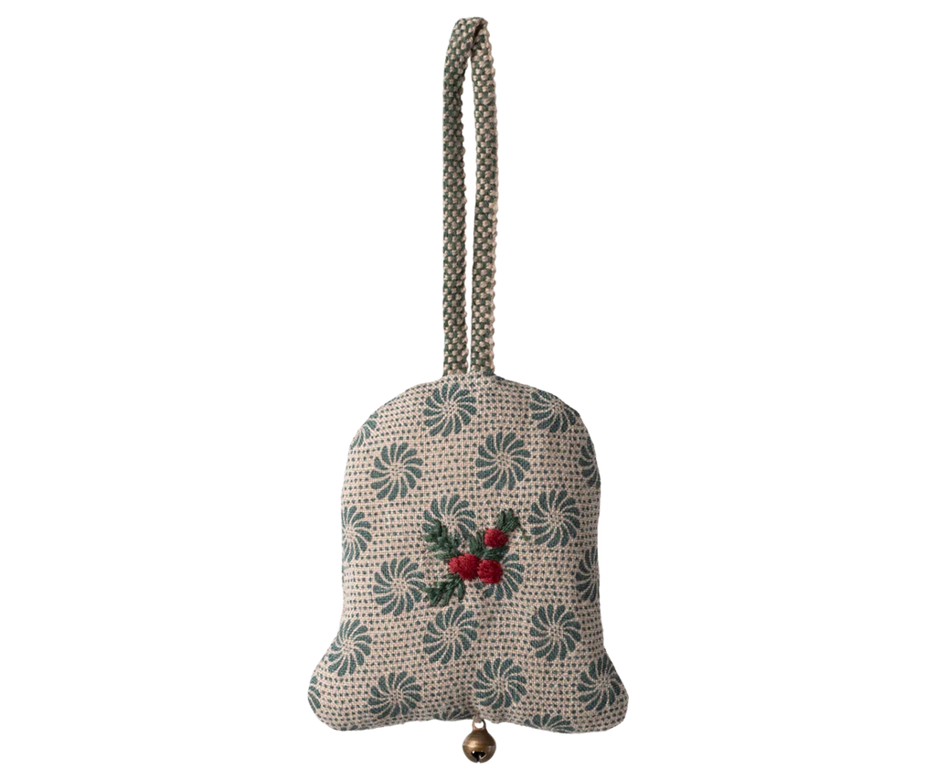 The Maileg Fabric Ornament - Bell, Small is a festive ornament with green and red embroidery, a braided loop, and a gold bell—a charming choice for lovers of embroidered or unique Christmas tree decorations.