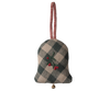The Maileg Fabric Ornament - Bell, Medium is crafted from green and beige plaid fabric with red berry embroidery, green leaves, a festive red-and-white loop, and a gold bell—perfect for Christmas tree collections.