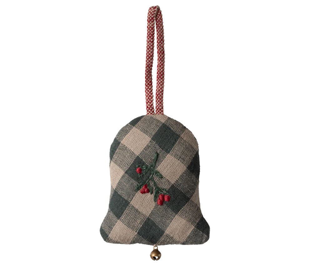 The Maileg Fabric Ornament - Bell, Medium is crafted from green and beige plaid fabric with red berry embroidery, green leaves, a festive red-and-white loop, and a gold bell—perfect for Christmas tree collections.